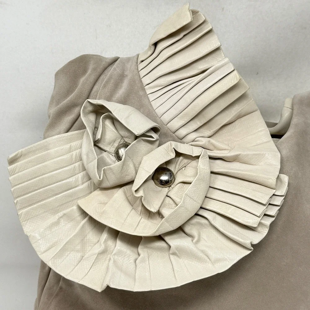 Renato Angi Beige Leather Ruffle Flower Double Handle Purse Shoulder Bag‎ NWT
